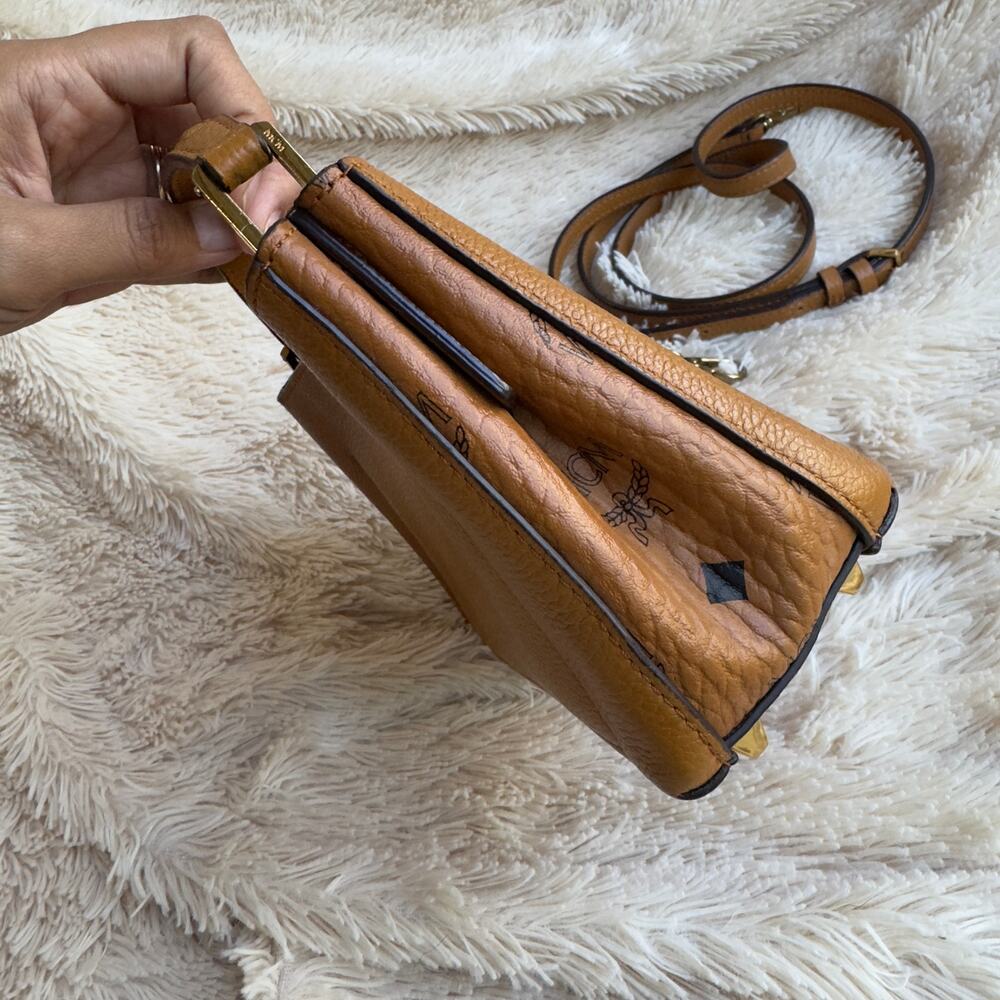 MCM Mini Visetos Top Handle Crossbody - Cognac